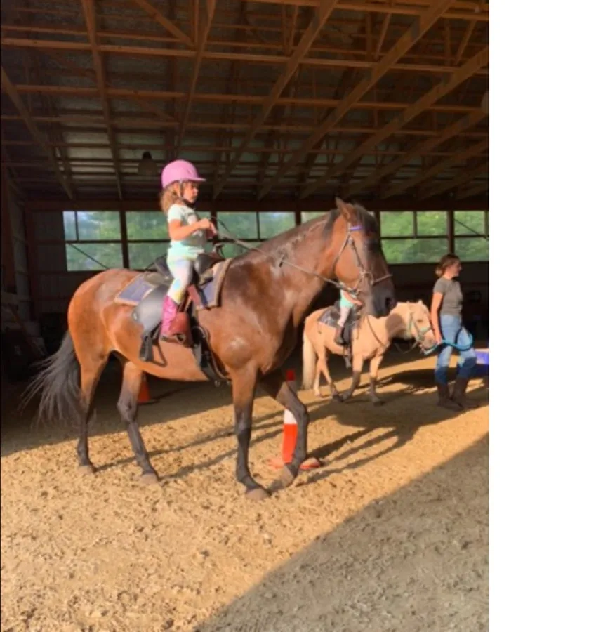 Child taking a horseback riding lesson in the indoor arena